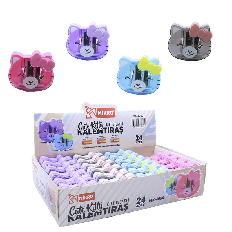MİKRO MK-4050 CUTE KITTY ÇİFT DELİKLİ KAPAKLI HAZNELİ KALEMTRAŞ